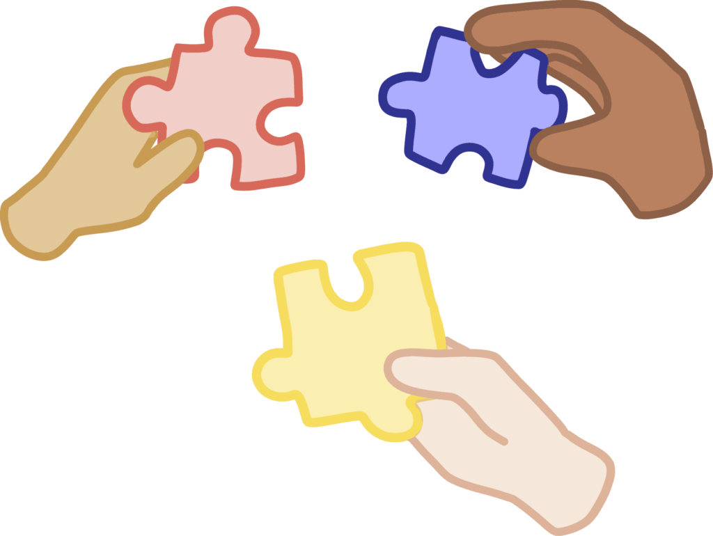 Three hands, each holding a different colored puzzle piece, fitting them together to form a larger whole.