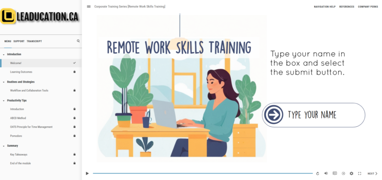Remote Work Skills Training" digital module with illustration of a woman working remotely. User is prompted to enter their name. Navigation menu on the left.